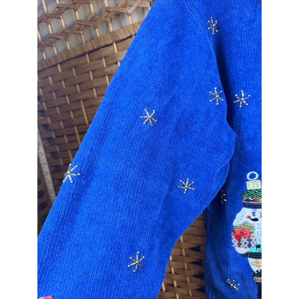 VTG Christopher Radko Christmas Zip Up Cardigan XL Beaded Nutcracker Blue - Picture 7 of 14
